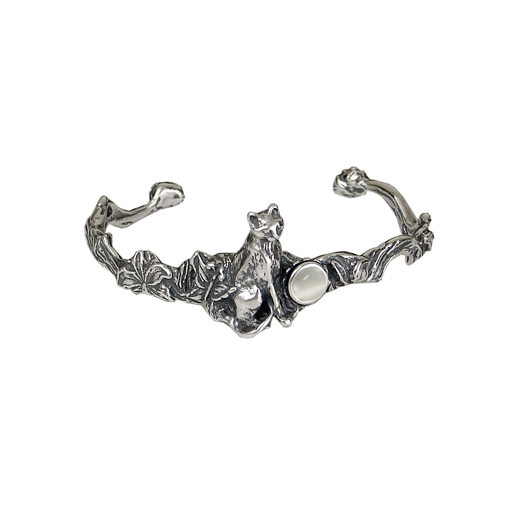 Sterling Silver Cat With Flowers Cuff Bracelet With White Moonstone